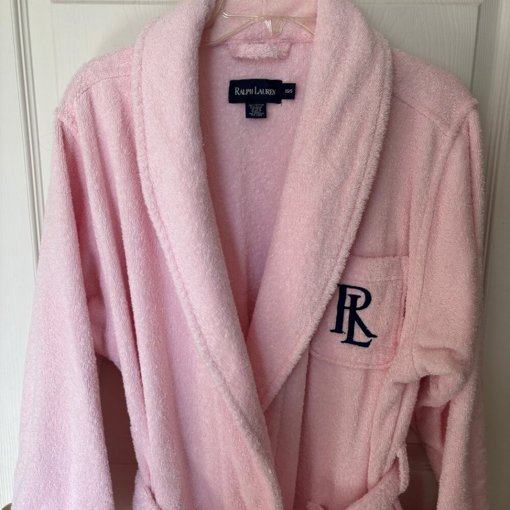 Ralph Lauren Pink Terrycloth Wrap Robe, Shawl Collar, Rolled Cuffs Tie Belt XS/S